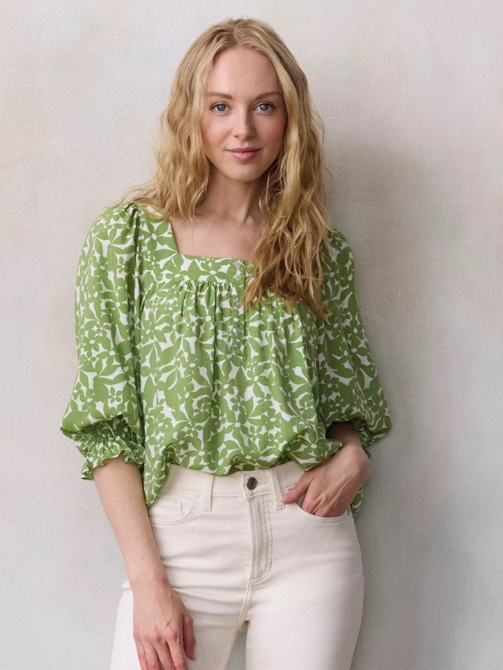 NWT Lauren Conrad green and white puff sleeve top